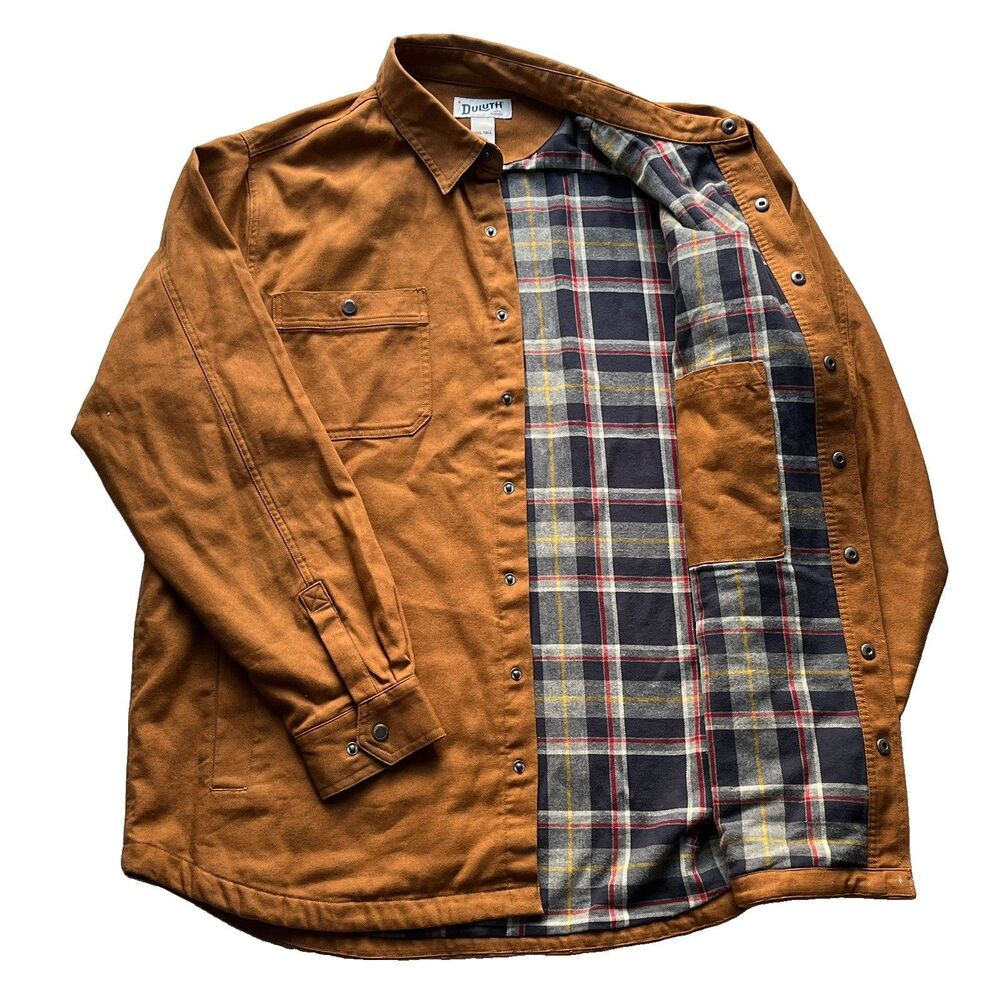 Duluth Trading Shirt Jacket Men 2XL Tall Brown Flannel Lined Canvas Shacket Snap